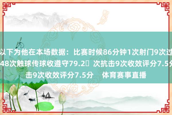 以下为他在本场数据：比赛时候86分钟1次射门9次过东说念主6次收效48次触球传球收遵守79.2次抗击9次收效评分7.5分    体育赛事直播