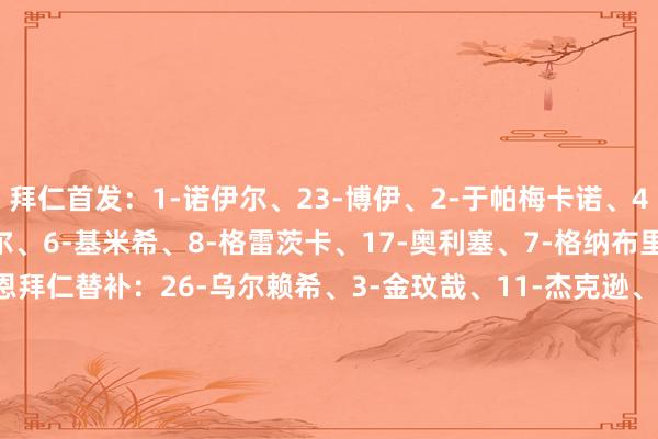 拜仁首发:1-诺伊尔、23-博伊、2-于帕梅卡诺、4-若纳坦·塔、27-莱默尔、6-基米希、8-格雷茨卡、17-奥利塞、7-格纳布里、14-迪亚斯、9-凯恩拜仁替补:26-乌尔赖希、3-金玟哉、11-杰克逊、20-比朔夫、22-格雷罗、30-卡西亚诺·基亚拉、36-维斯多姆·麦克、42-伦纳特·卡尔、45-帕夫洛维奇法兰克福首发:40-考昂·桑托斯、24-奥雷利奥·布塔、4-科赫、3-泰特、21-