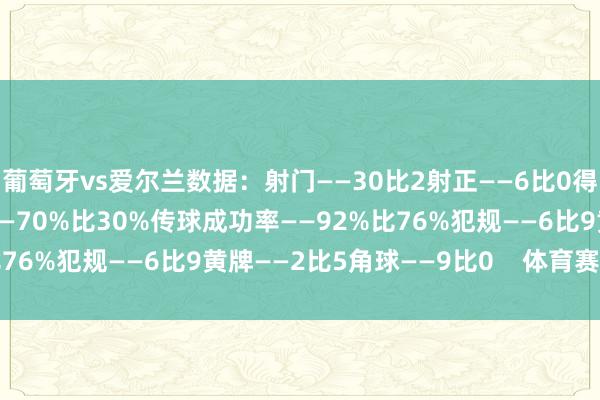 葡萄牙vs爱尔兰数据:射门——30比2射正——6比0得分契机——3比0控球率——70%比30%传球成功率——92%比76%犯规——6比9黄牌——2比5角球——9比0 体育赛事直播