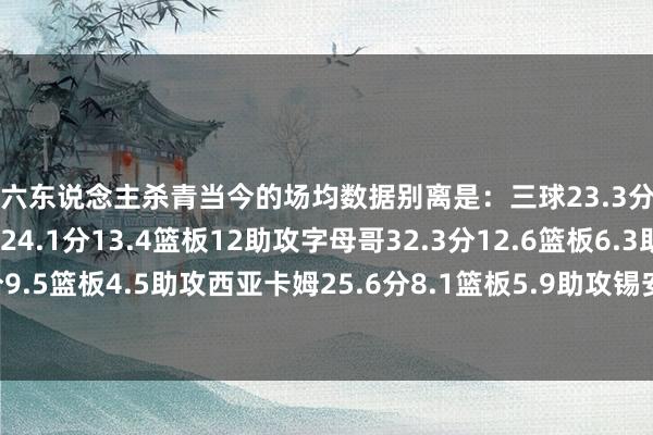 这六东说念主杀青当今的场均数据别离是：三球23.3分7.8篮板9.8助攻约基奇24.1分13.4篮板12助攻字母哥32.3分12.6篮板6.3助攻班凯罗23.1分9.5篮板4.5助攻西亚卡姆25.6分8.1篮板5.9助攻锡安22.8分6.8篮板4.6助攻    体育赛事直播